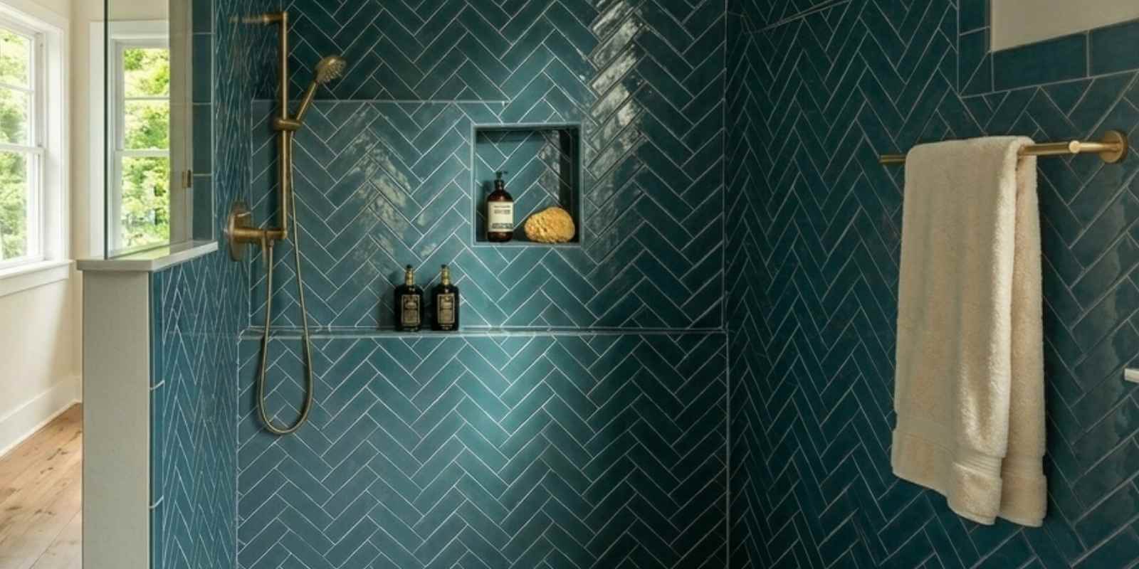 herringbone metro tile shower wall installation